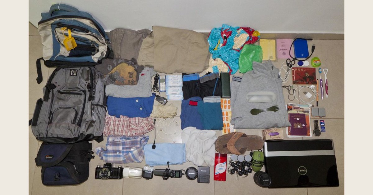 Backpack contents arranged for an extended trip