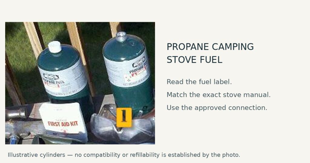 Illustration of two small green propane cylinders beside guidance to read fuel labels, match stove instructions, and use approved connections